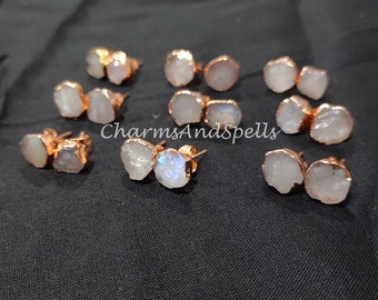 Tiny Rainbow Moonstone Studs, Copper Earrings, Raw Rainbow Moonstone Stud Earrings, Blue Gemstone Stud Earrings, Women Earrings,Gift For Her