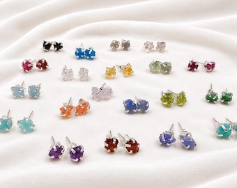 Raw Gemstone Earrings, 925 Sterling Silver Studs, Raw Stud Earrings, Prong Crystal Earrings, Bohemian Birthstone Earring Studs, Gift For Her