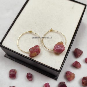 Natural Pink Tourmaline Raw Crystal Studs, October Birthstone Gift for Her, Heart Chakra Crystal Love Inspiration Jewelry, Hoop Earrings