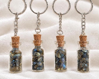 Natural Labradorite  Bottle Keychain, Mini Gemstone Chip Glass Vial Keyring, Spiritual Gift for Crystal Lovers, Handmade Boho Bag Charm Gift