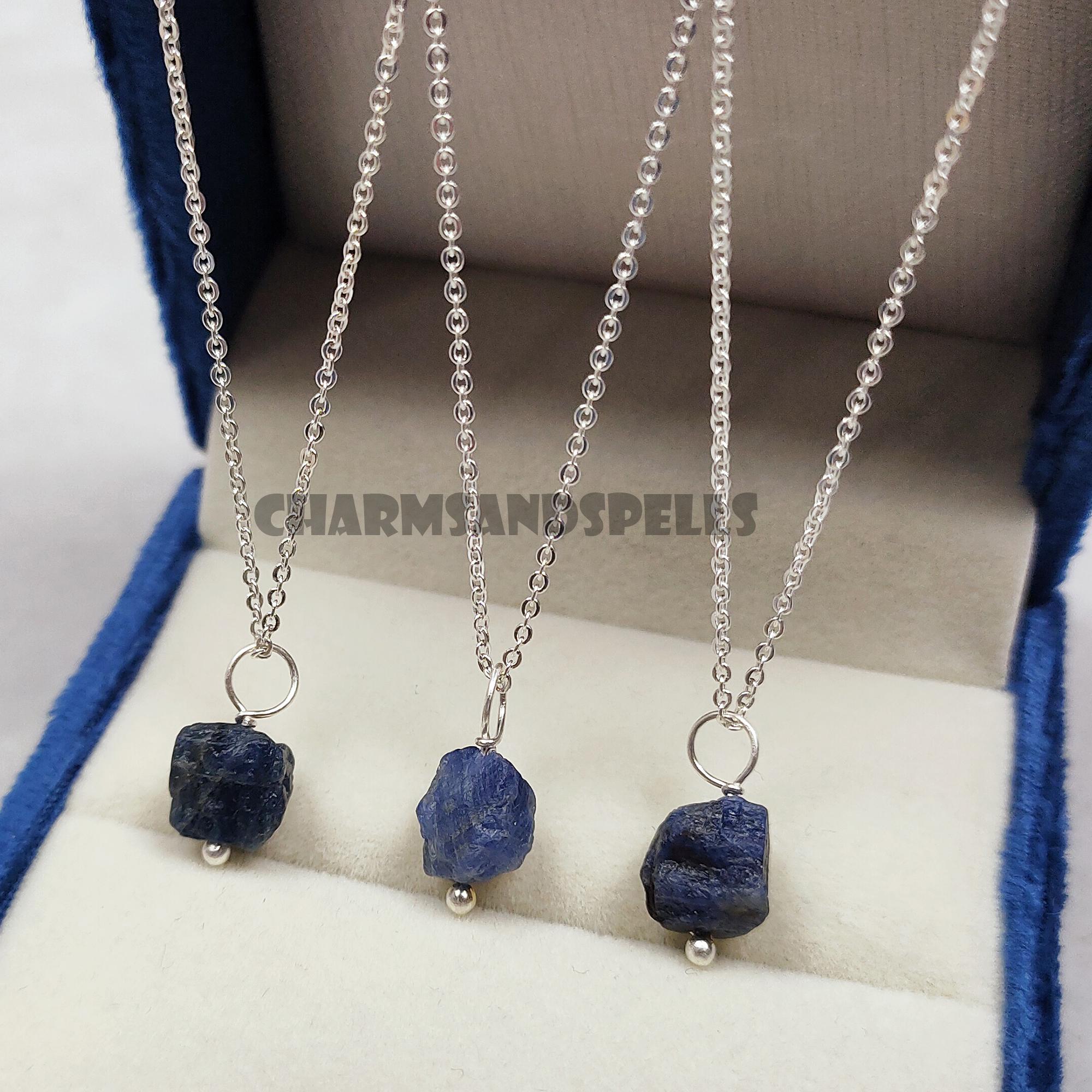Raw Blue Sapphire Necklace, Sterling Silver Corundum Pendant