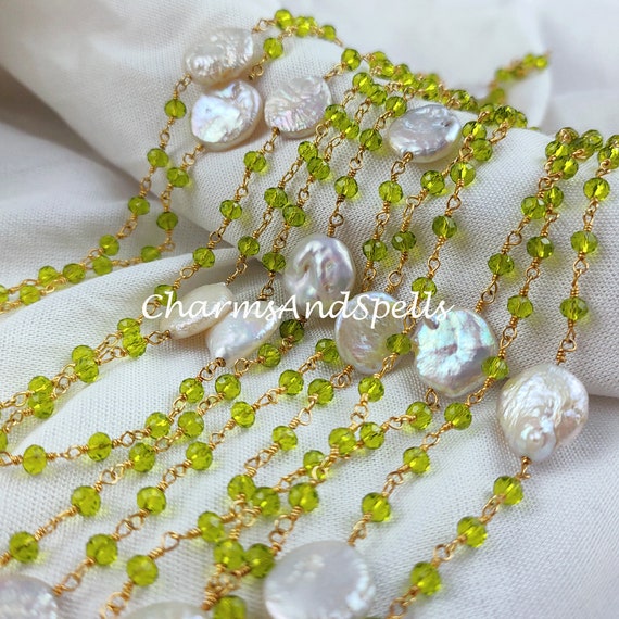 Peridot Beaded Chain, Mother of Pearl Wire Wrapped Chain, Rosary Bead  Chain, Jewelry Making Chain, DIY Chain, Handmade Chain,wholesale Chain 