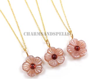 Peach Moonstone Flower Pendant Necklace, Garnet Crystal Accent, Feminine Boho Jewelry, Birthday Gift