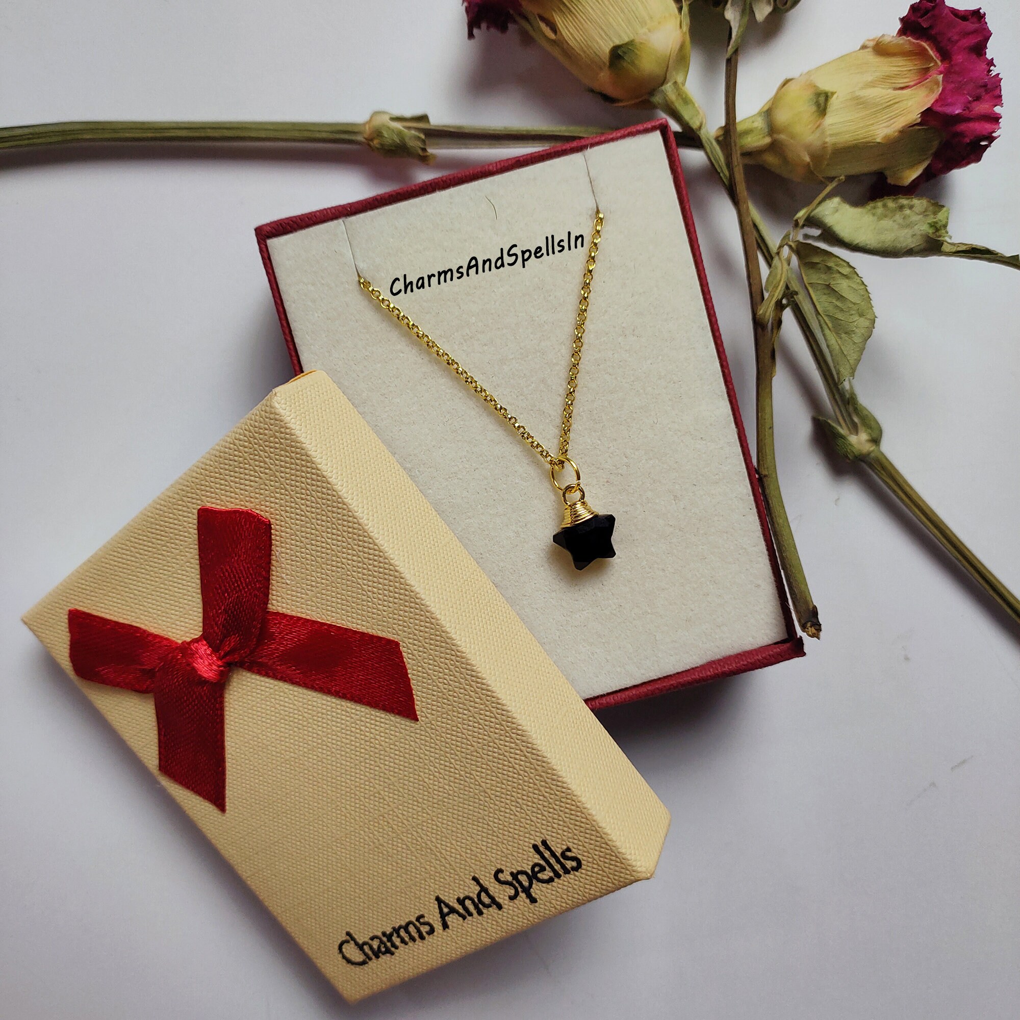 Natural Black Onyx Star Shape Pendant Necklace, Onyx Wire