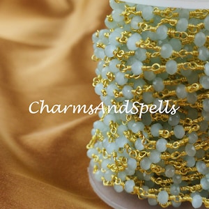 Aqua Chalcedon Perlen Kette, Aqua Chalcedon Rosenkranz, 14k Gold-Finish, Wire Wrap Kette, Aqua Chalcedon Messingkette, für die Schmuckherstellung
