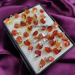 Raw Carnelian Gemstone Charms, Rough Raw Gold Electroplated Connectors, Single Bail Loop Pendant, Necklace Charms, Sold By Piece