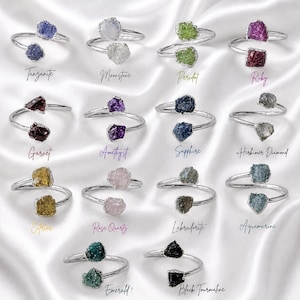 May include: A collection of sixteen silver-toned adjustable rings, each featuring two raw, uncut gemstones. The stones include tanzanite, moonstone, peridot, ruby, garnet, amethyst, sapphire, herkimer diamond, citrine, rose quartz, labradorite, aquamarine, emerald, and black tourmaline.
