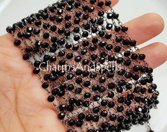 Black Onyx Rondelle Faceted Rosary Beaded Chain,4-4.50mm Wire Wrapped Chain, Gunmetal Onyx Chain, Jewelry Making Bead Chain, Bulk Roll Chain