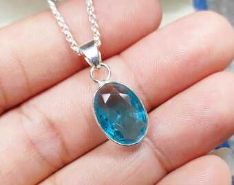 Blue Topaz Oval Pendant Necklace, December Birthstone Jewelry, Minimalist Jewelry, Handmade Pendant, Anniversary Gift For Women