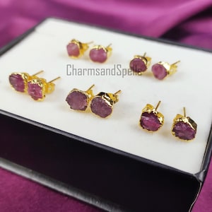 Raw Tourmaline Gemstone Earrings, Pink Tourmaline Jewelry, Tiny Gold Plated Studs, October Birthstone, Gift For Her, Rough Crystal Earrings
