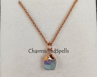 Natural Raw Fluorite Necklace, Rainbow Fluorite Necklace, Gemstone Necklace, Rose Gold Plated Necklace, Crystal Necklace, Fluorite Pendant