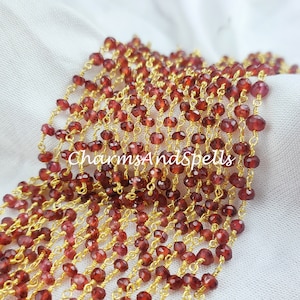 Garnet Beaded Rosary Chain, Rondelle Gemstone Beads Chain, Gold Plated Chain, Gemstone Jewelry Making Supply, 3-3.5mm Bead Size,DIY Bracelet