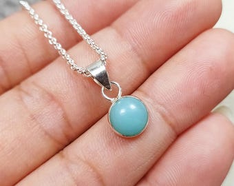 Dainty Blue Chalcedony Round Pendant Necklace, 14k Gold Finish, Natural Gemstone Jewelry, Crystal Necklace, Birthday Gift For Her