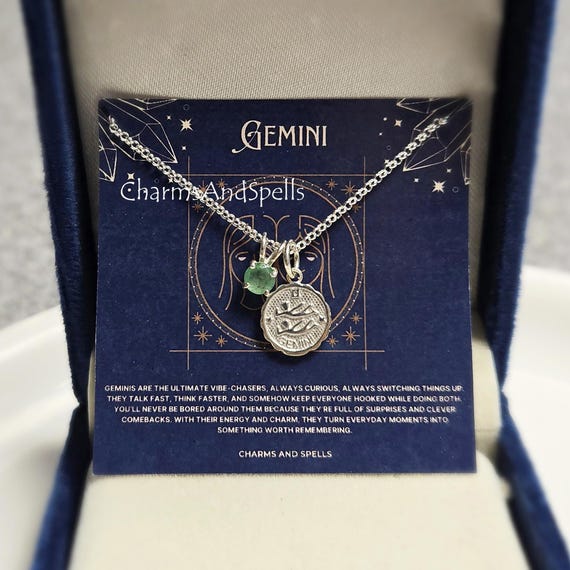 Gemini Necklace, Green Aventurine Silver Pendant, Dainty Astrology