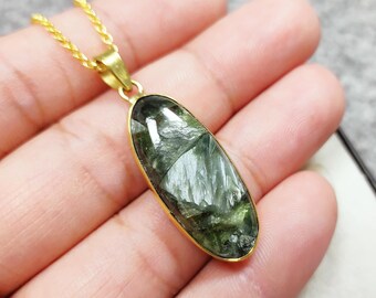Dainty Seraphinite Pendant Necklace, Crystal Necklace, 14k Gold Finish, Minimalist Women Jewelry, Birthday Gift For Her