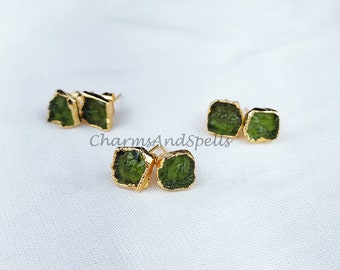 Raw Moldavite Crystal Stud Earrings, Raw Crystal Earrings, Healing Crystal Studs, Women Earrings, Gemstone Earrings, Green Gemstone Studs