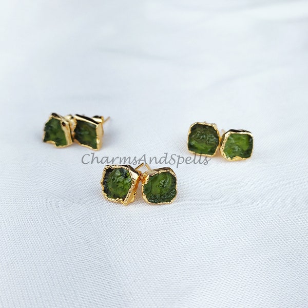 Boucles d'oreilles en cristal de Moldavite brute, Boucles d'oreilles en cristal brut, Goujons en cristal de guérison, Boucles d'oreilles