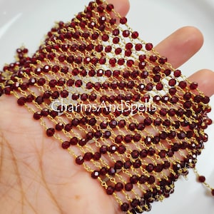 Garnet Wire Wrapped Rosary Chain, 4-4.50 mm Gemstone Rosary Chain, Faceted Rosary Beaded Chain, Gold Plated Chain, Jewelry Making Supplies
