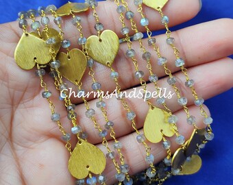 Labradorite Beaded Rosary Chain With Heart Charms, Rondelle Faceted Gold Plated Chain,Valentine Day Gifts,DIY Bulk Rosary Chain Rolls, Chain
