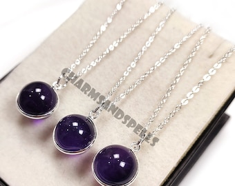 Amethyst Ball Pendant Necklace, Sterling Silver Chain, Boho Healing Crystal Jewelry, Birthday Gift
