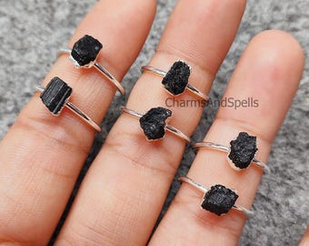 Natural Raw Black Tourmaline Adjustable Ring, Protection Crystal Healing Jewelry, Gift For Women