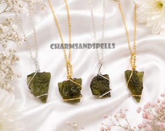 Raw Moldavite Necklace, Green Gemstone Pendant, Wire Wrapped Crystal Jewelry, Spiritual Healing Stone, Boho Gift, Handmade Necklace