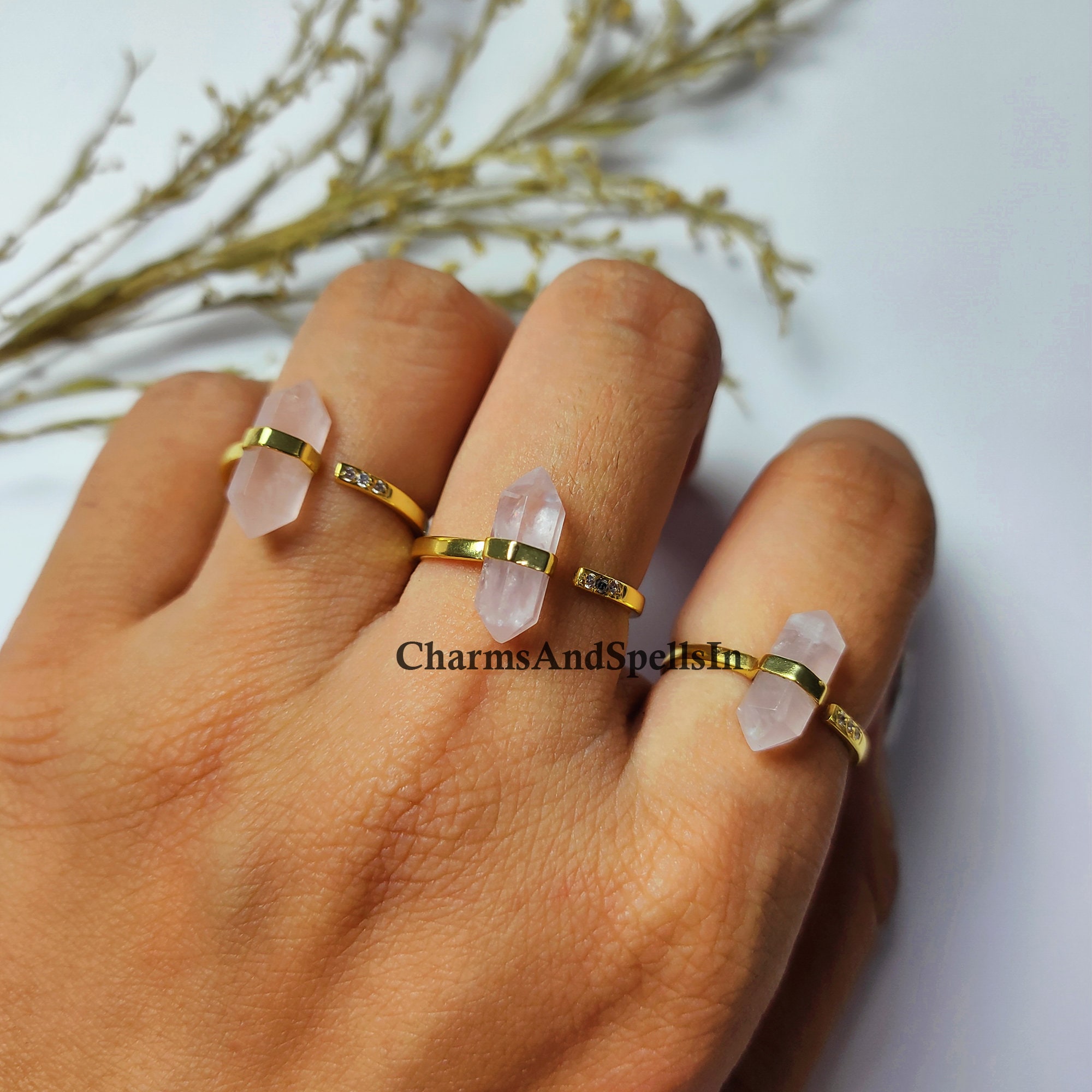 Quartz Point Ring Rose Quartz Crystal Point Ring, Boho Brass Statement Jewelry, Love ...