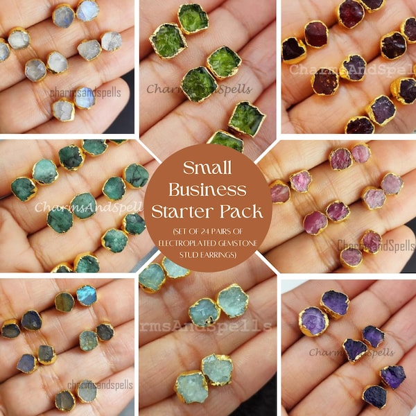 Rohe Edelstein Ohrstecker, galvanisierte Großhandel Schmuck, 24 Paar Lot, handgemachte Kristall Boho Lieferungen