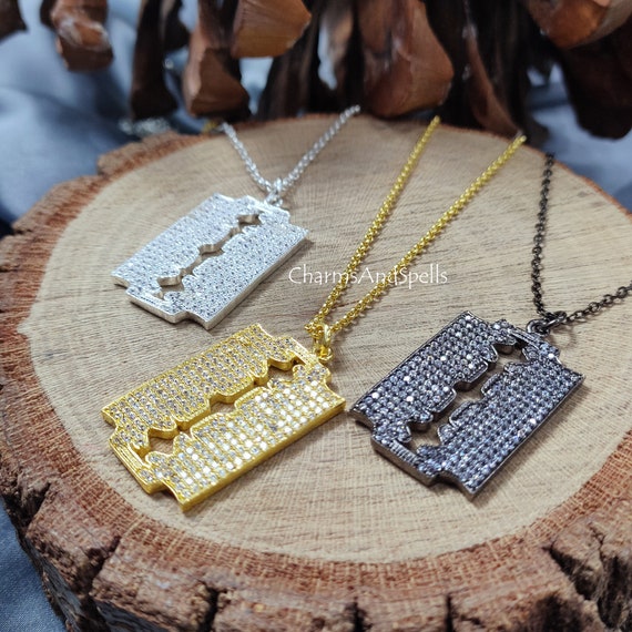 Pave American Diamond Razor Blade Pendant Necklace, Hip Hop