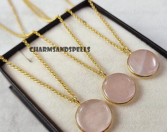 Natural Rose Quartz Round Necklace | Geometric Gemstone Jewelry | 14K Gold Plated Crystal Necklace | Healing Crystal|Valentine Day Gifts