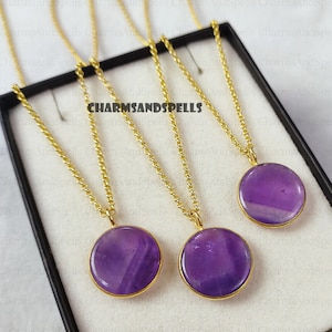 Natural Amethyst Necklace, Coin Shape Necklace, Birthstone Necklace, Birthstone Jewelry, Birthday Gift, Boho Amethyst,Valentine Day Gifts