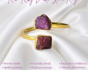 Raw Ruby Double Stone Ring, Natural Gemstone Adjustable Ring, Gold Plated Boho Jewelry, Crystal Healing Ring, Statement Ring, Gift for Her