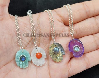 Natural Crystal Hamsa Hand Pendant, 925 Silver Evil Eye Amulet, Protection Spiritual Jewelry Gift
