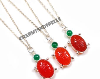 Carnelian Ladybug Necklace, Handcarved Gemstone Pendant, 925 Sterling Silver, Boho Charm, Gift