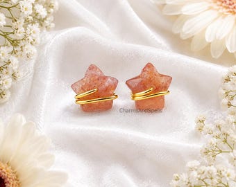 Natural Strawberry Quartz Star Stud Earrings, Wire Wrapped Star Earrings, Crystal Jewelry, Dainty Celestial Earrings, Unique Gift for Her