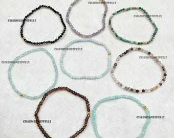 Natural Crystal Bracelets Tiny Faceted Beads , Natural Gemstone Mini Beaded Bracelet , Adjustable Elastic Wire , Fashion Jewelry Women Gifts