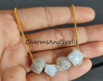 Natural Rainbow Moonstone Necklace, Raw Moonstone Pendant, June Birthstone Jewelry, Blue Flash Gemstone Necklace