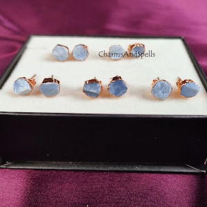 Rough Blue Opal Stud Earrings, Rose Gold Plated Earring, Opal Gemstone Stud Earrings, Raw Blue Opal Earrings, Boho Jewelry,