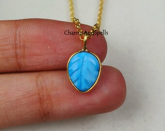 Turquoise Engraved Leaf Necklace, Gemstone Leaf Carving Necklace, Handmade Leaf Stone Pendant, Gifts For Anniversary, Valentine Day Gift