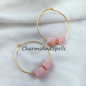 Raw Pink Opal Earrings, Handmade Hoop Earrings, Boho Gemstone Jewelry, Gift For Women