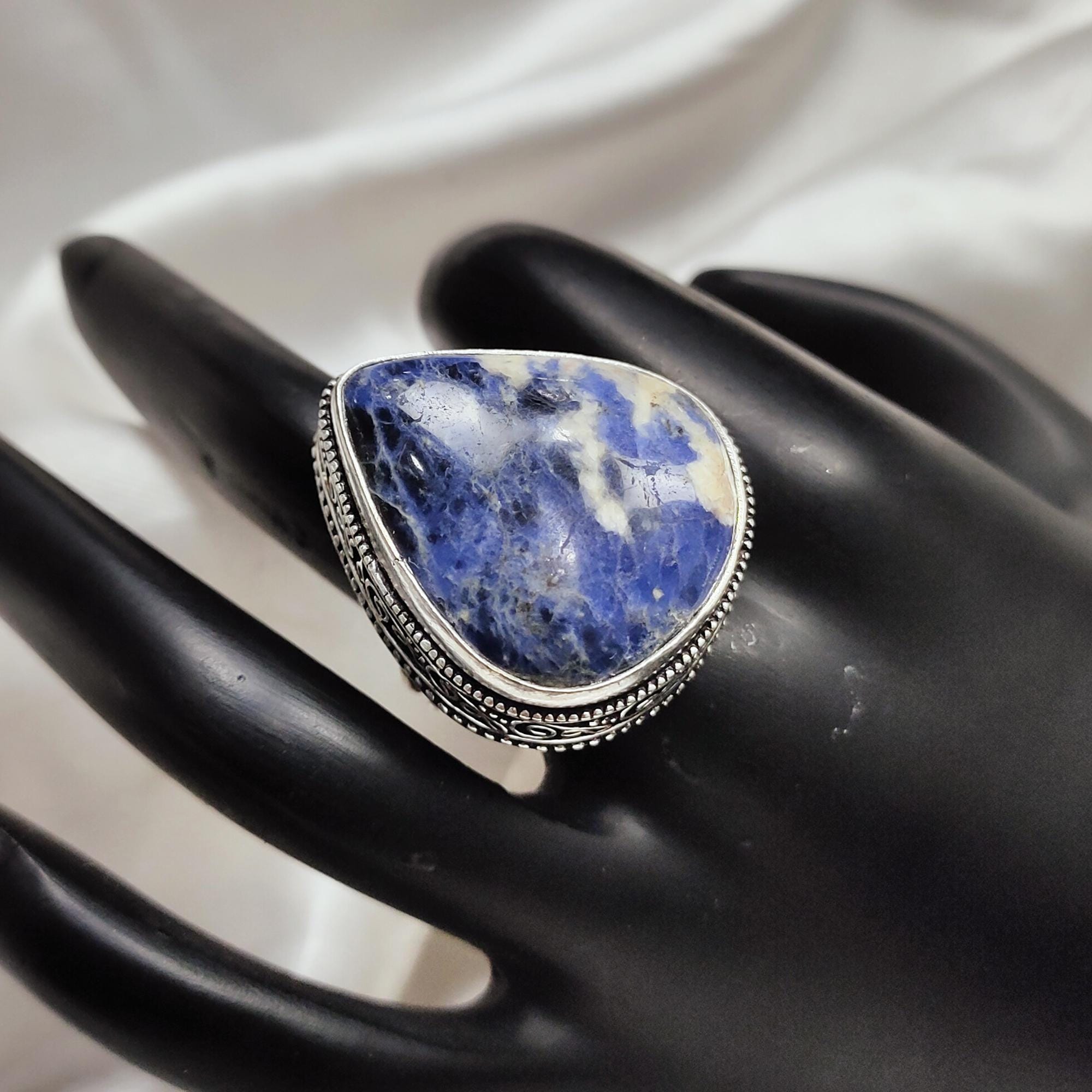 Sodalite Teardrop Ring, Boho Style, Silver Plated Brass, Size 8 US