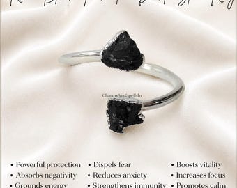 Raw Black Tourmaline Adjustable Ring, Protection Gemstone Jewelry for Women, Spiritual Crystal Ring