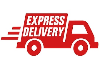 Puede incluir: Camión de reparto rojo con las palabras "EXPRESS DELIVERY" en el lateral. El camión tiene un contorno blanco y se mueve hacia la derecha.