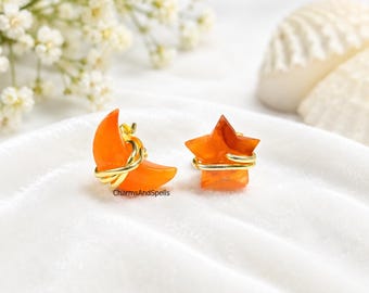 Carnelian Star Moon Earrings, Orange Gemstone Stud Earrings, Gold Plated Wire Wrapped Crystal Jewelry, Boho Witchy Gift, Handmade Earrings