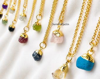 Raw Crystal Necklace, Birthstone Necklace, Healing Raw Stone Necklace, 14K Gold, Silver, Amethyst, Rose Quartz Necklace, Gemstone Jewelry