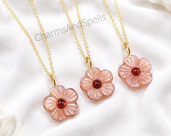 Peach Moonstone Flower Necklace, Carved Gemstone Pendant, Chain Necklace, Floral Jewelry, Boho Crystal Necklace, Romantic Gift for Women