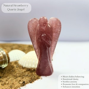 Natural 2&quot; Strawberry Quartz Angel, Guardian Angel blessed Angelic connection, Self Healing, Self Love, Prayer Angel, Fancy Carving Stone.