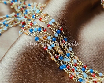 Multi Gemstone Rosary Chain, Gold Plated Beaded Chain, DIY Jewelry Necklace Supply