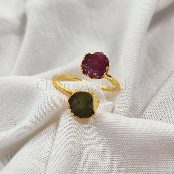 Natural Raw Ruby Ring, Raw Peridot Ring, Healing Crystal Raw Ring, Ruby with Peridot Double Stone Ring, Unique Ring, Valentine Day Gift
