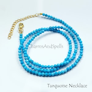 Round Turquoise Beaded Gemstone, Dainty Necklace Choker, Turquoise Crystal Tiny Stone Necklace, December Birthstone, Gift for Women
